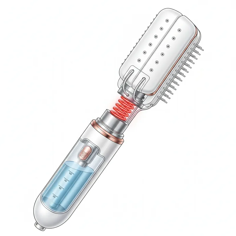 A detailed cutaway diagram of a steam hair brush showing the internal water reservoir, heating element, steam vents, and ceramic plates.