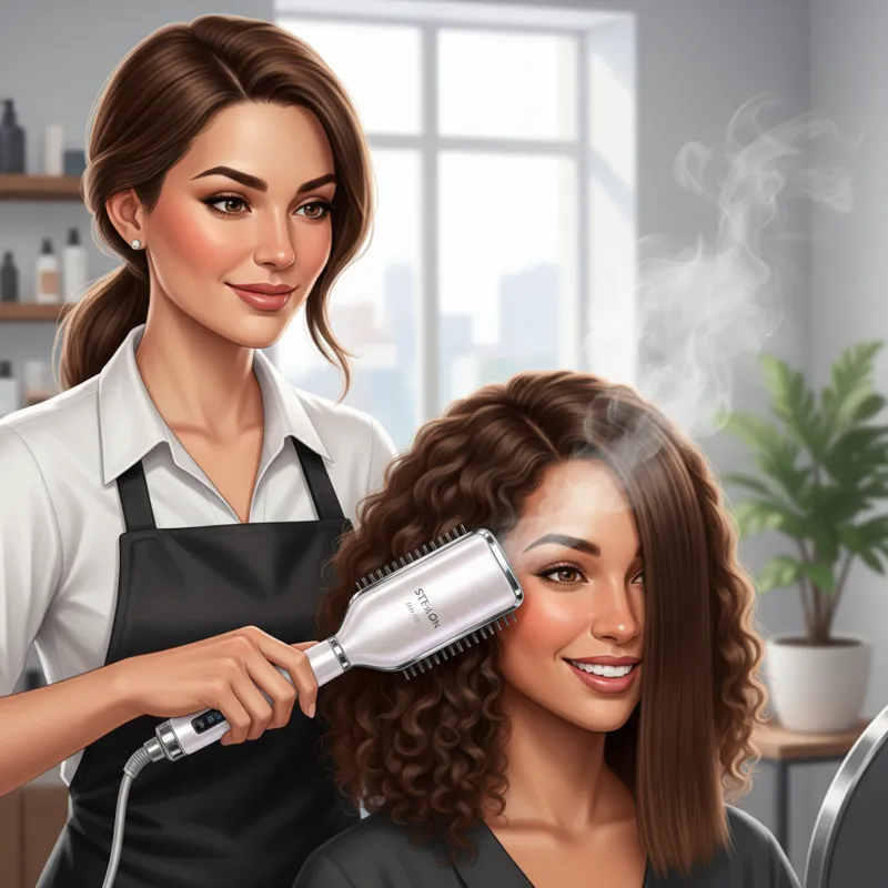 A professional stylist demonstrating a steam hair brush on a model with frizzy hair, showing immediate smoothing results.