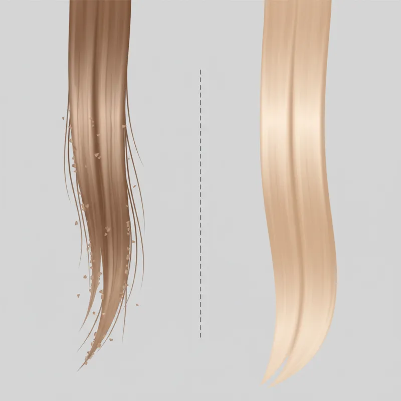 A close-up side-by-side comparison illustrating a strand of hair styled with a traditional flat iron versus a strand styled with a steam hair brush, h