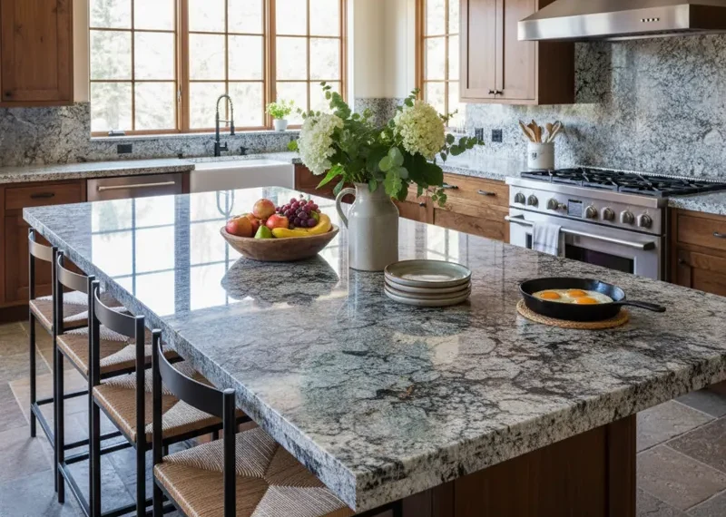 Elegant stone kitchen table with a smooth, durable surface, showcasing its natural beauty and modern design in a home kitchen setting.