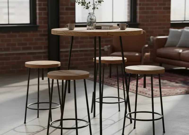 Modern kitchen with a dark wooden adjustable stool height table and two upholstered bar stools, set against a backdrop of clean white cabinetry and natural light.