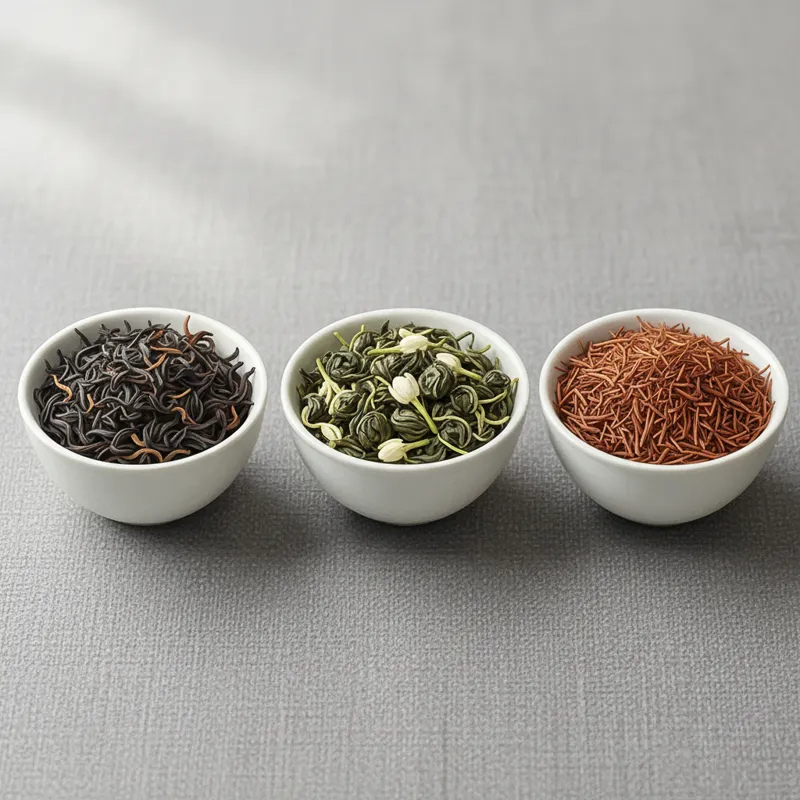 Three types of loose-leaf tea in small, white ceramic bowls against a soft gray background: dark, twisted leaves of Assam black tea; delicate, rolled
