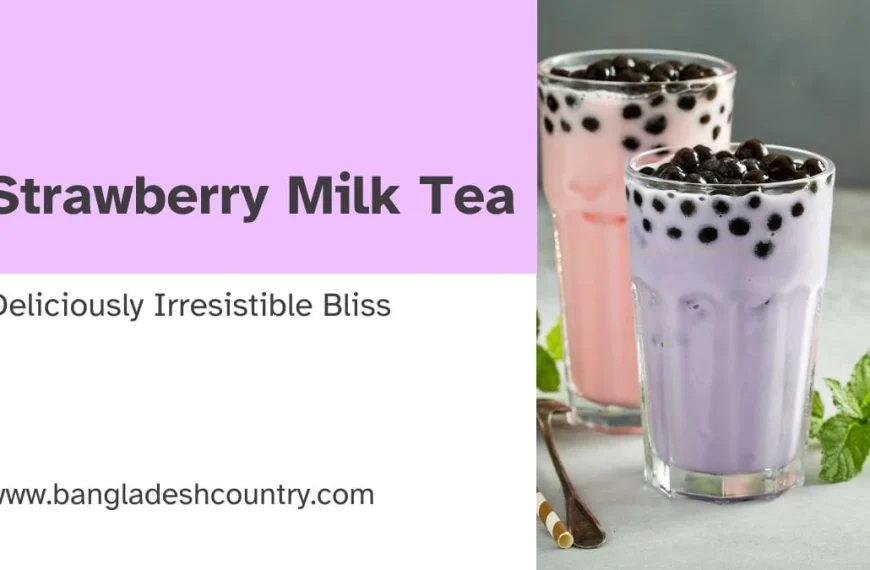 Promotional image for Strawberry Milk Tea, showing a pink and a purple glass of bubble tea with black boba pearls and a sprig of mint.