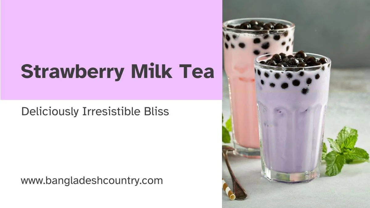 Promotional image for Strawberry Milk Tea, showing a pink and a purple glass of bubble tea with black boba pearls and a sprig of mint.
