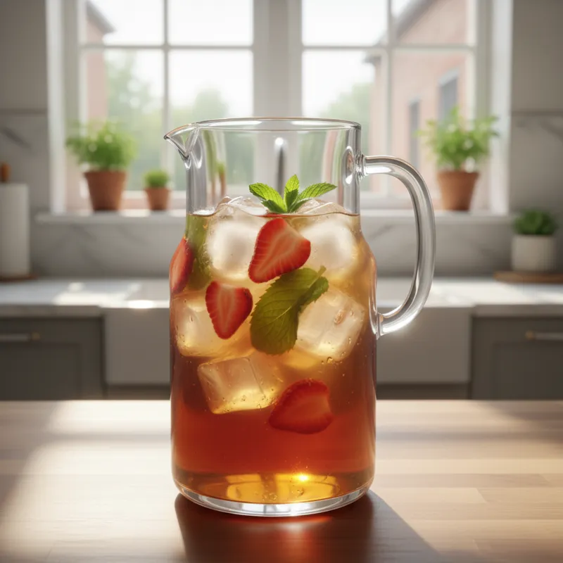 A beautiful, clear glass pitcher of iced strawberry tea filled with ice, fresh strawberry slices, and mint sprigs, with a sunlit kitchen in the backgr