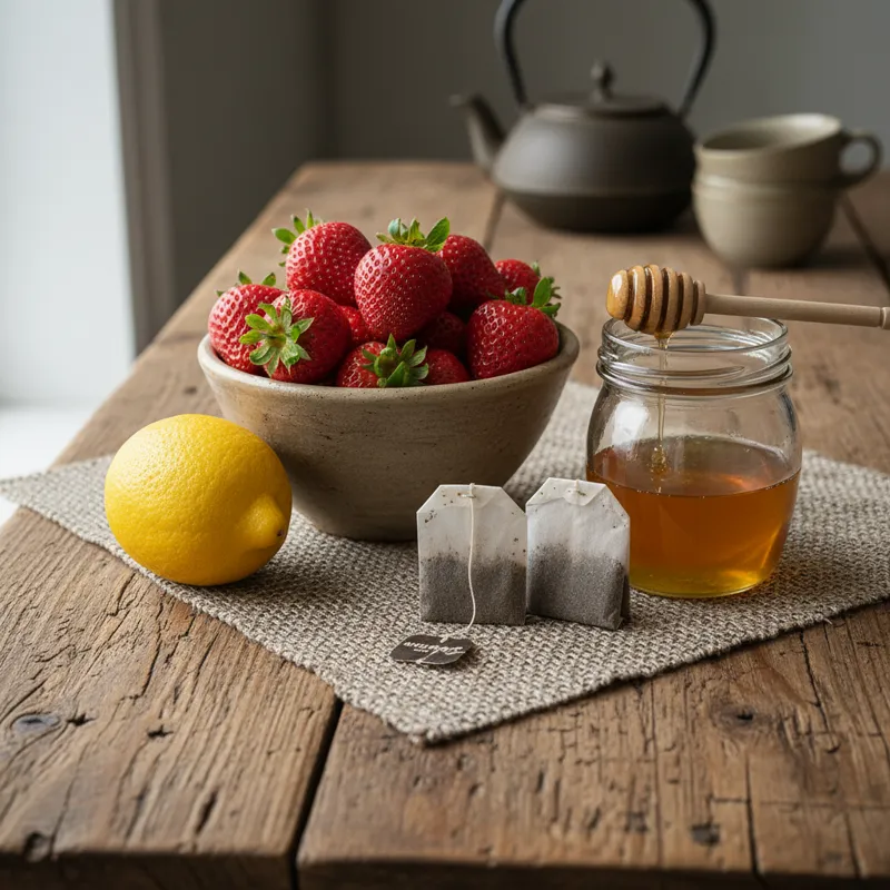 A rustic wooden kitchen table with a bowl of vibrant red, fresh strawberries, a few black tea bags, a jar of honey, and a lemon, arranged for making t