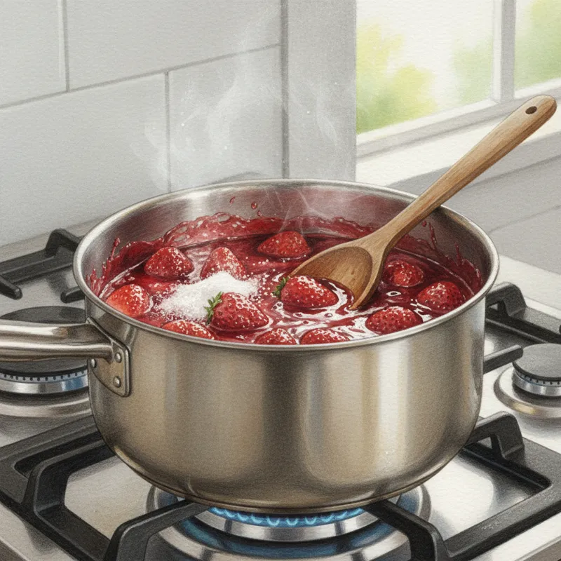 A saucepan on a stove with simmering strawberries and sugar, creating a vibrant red syrup. A wooden spoon rests on the side of the pot.