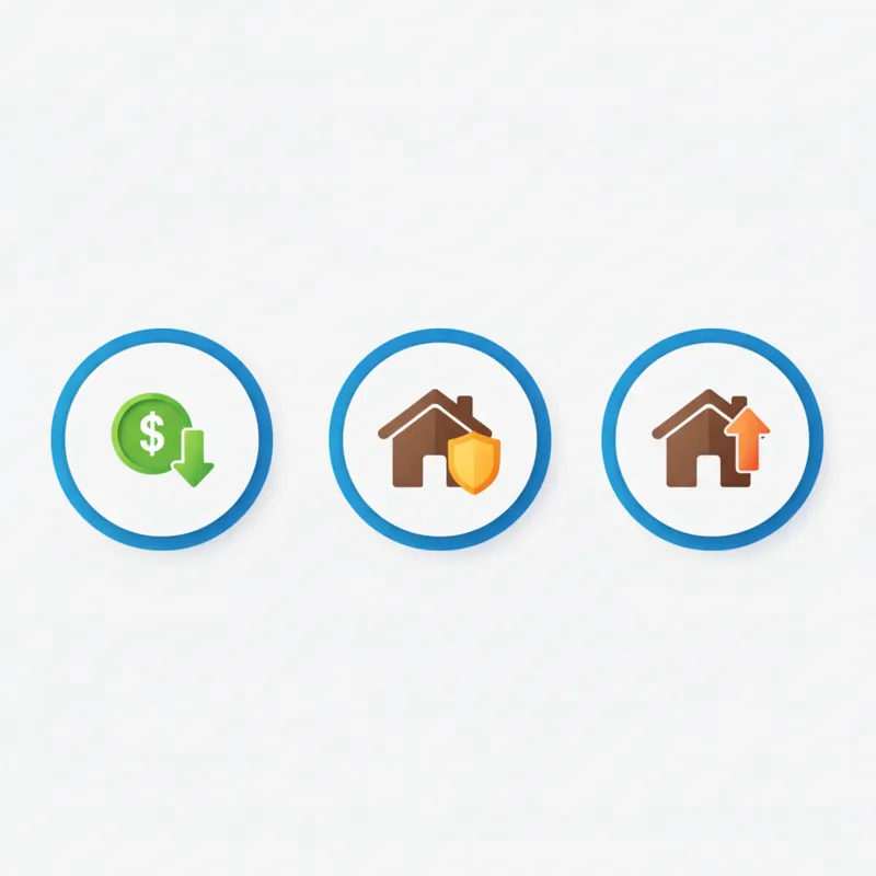 An infographic-style image showing three distinct benefits: a dollar sign with an arrow pointing down (cost savings), a sturdy house icon with a shiel