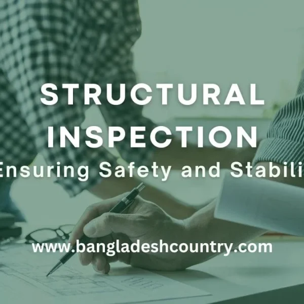 Two professionals, likely engineers or inspectors, reviewing structural inspection blueprints on a desk with a calculator and glasses. The image features an overlay with the text 'STRUCTURAL INSPECTION: Ensuring Safety and Stability' and 'www.bangladeshcountry.com'.