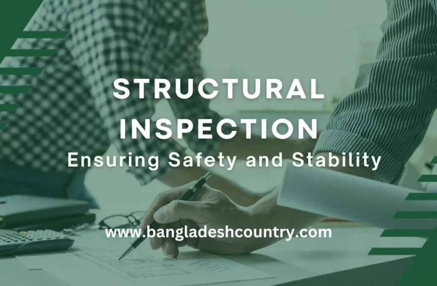 Two professionals, likely engineers or inspectors, reviewing structural inspection blueprints on a desk with a calculator and glasses. The image features an overlay with the text 'STRUCTURAL INSPECTION: Ensuring Safety and Stability' and 'www.bangladeshcountry.com'.