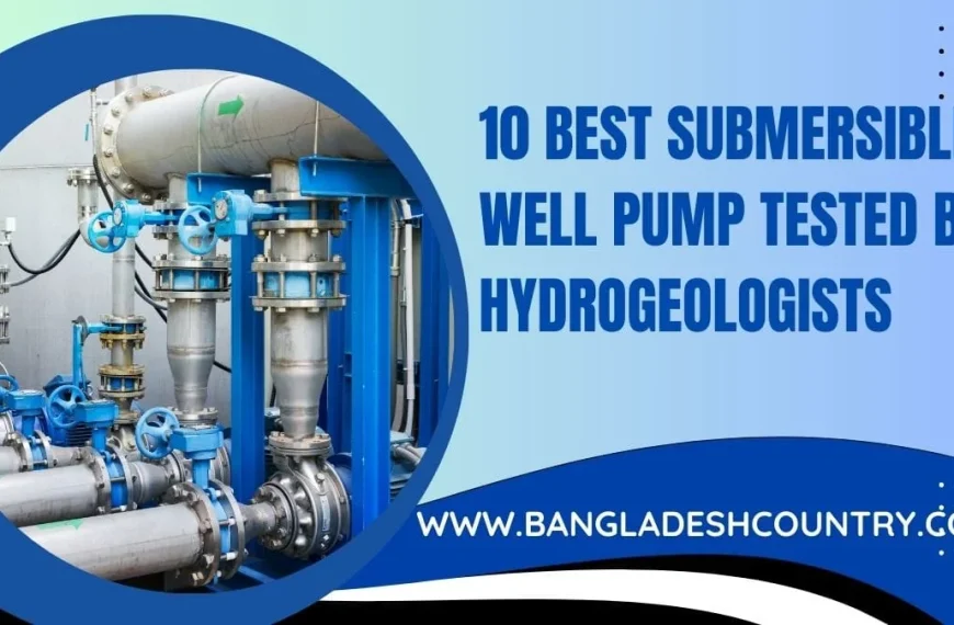 Graphic for an article titled '10 Best Submersible Well Pumps Tested by Hydrogeologists,' showcasing a complex water pumping system with numerous silver pipes, blue valves, and gauges within a circular frame on a blue background.