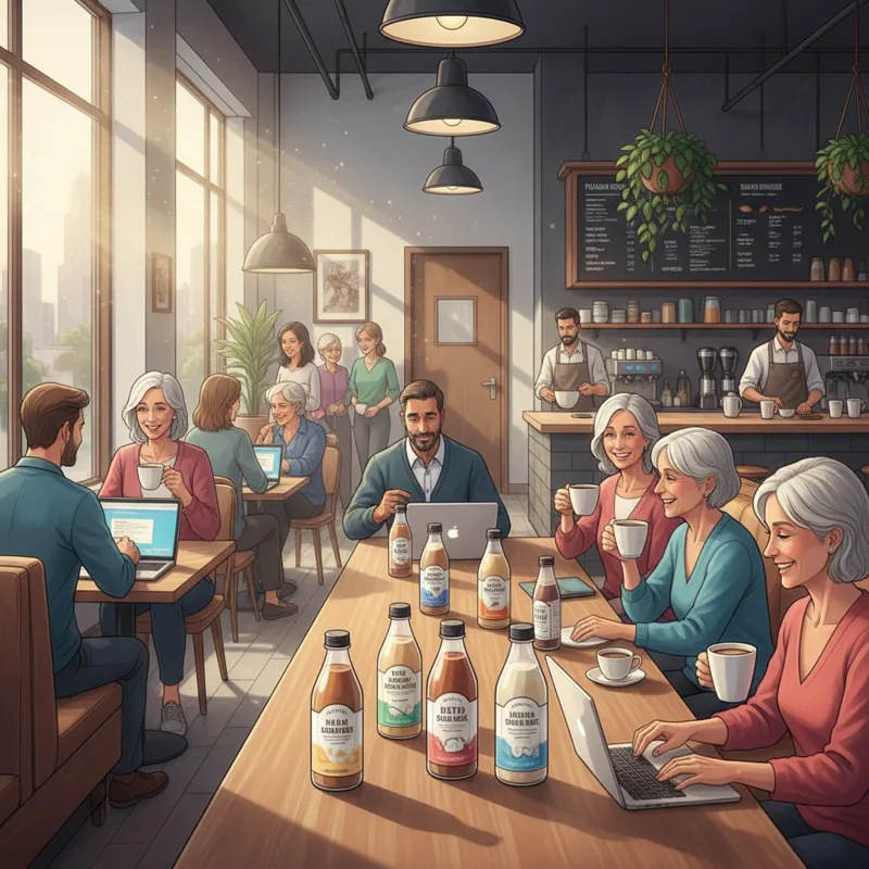 A diverse group of people enjoying coffee with various sugar-free creamers in a modern, brightly lit cafe setting in 2026. Some are using laptops, oth