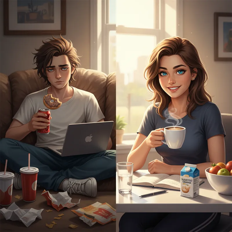 A split image showing two scenarios: on one side, a person looking sluggish and tired after consuming sugary drinks; on the other, the same person loo