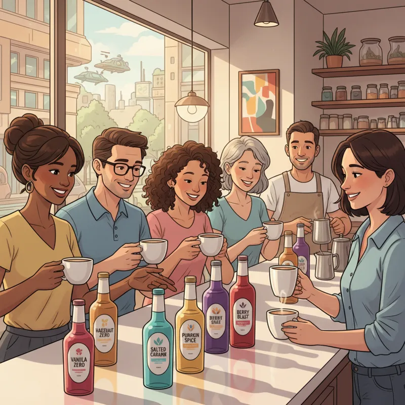 A diverse group of people happily enjoying coffee with a variety of sugar-free syrups on a modern cafe counter in 2026. Bottles of colorful syrups are