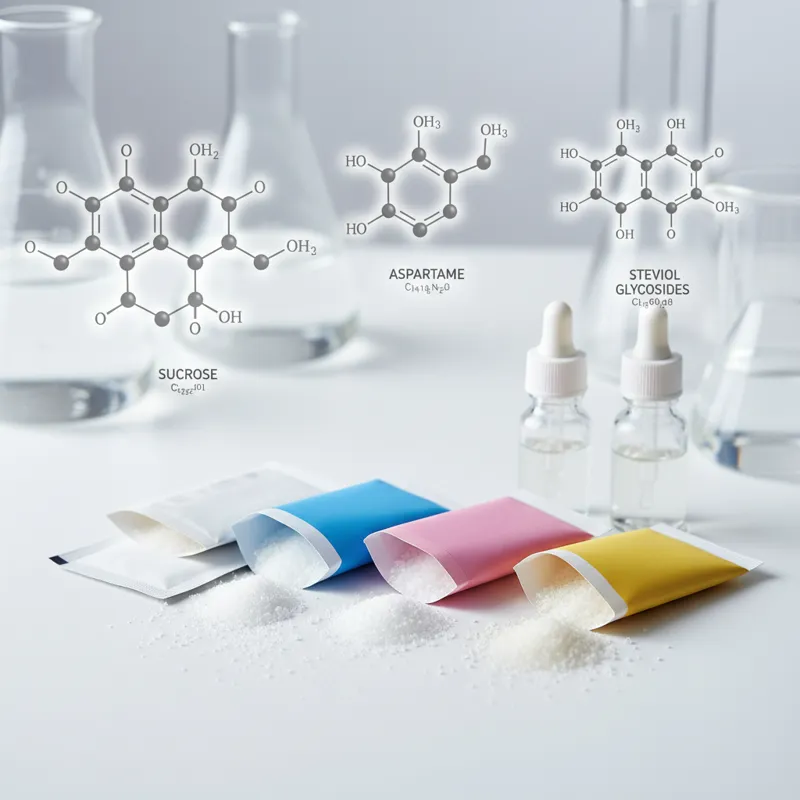 A close-up of various sugar substitute packets and liquid sweeteners, with a molecular diagram overlay demonstrating their chemical structure compared