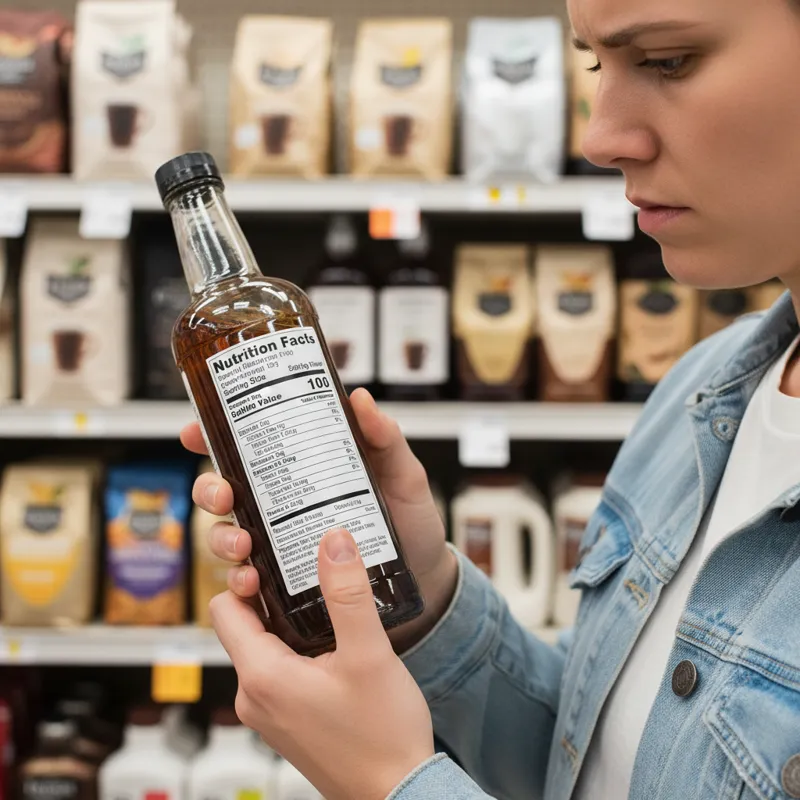 A person carefully reading the nutrition label and ingredient list of a sugar-free coffee syrup bottle in a grocery store aisle, emphasizing informed