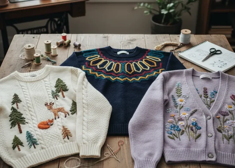 A flat lay showcasing various embroidered designs on different sweaters, including floral motifs, minimalist patterns, and custom text, offering creative sweater embroidery ideas.