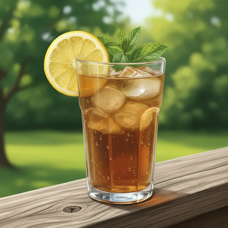 A beautiful, clear glass of iced sweet tea with condensation, a lemon wedge on the rim, and a sprig of mint, sitting on a rustic wooden porch railing