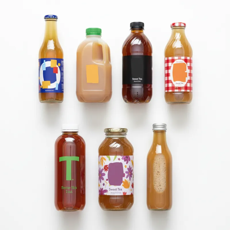 An overhead shot of seven different popular brands of bottled sweet tea arranged neatly on a clean, white background, showing their distinct packaging