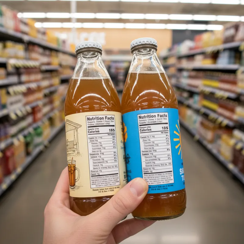 A person's hand in a grocery store aisle, holding and comparing the nutrition labels on two different bottles of sweet tea.