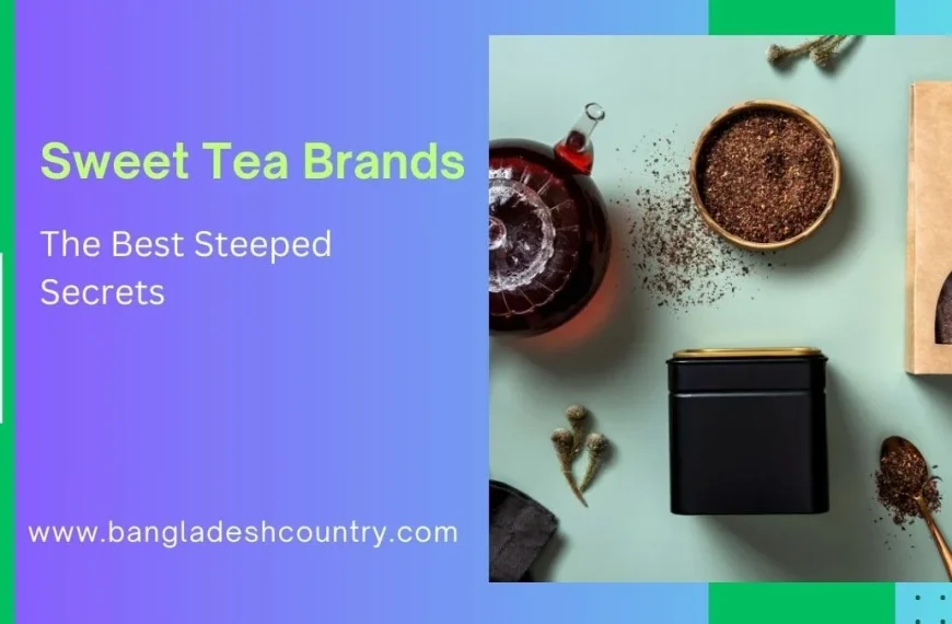An article graphic for 'Sweet Tea Brands: The Best Steeped Secrets,' featuring a flat lay of a glass teapot, loose leaf tea, and various tea containers.