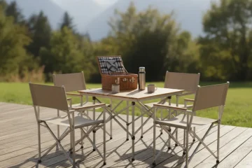 Portable folding table with four matching folding chairs, ideal for outdoor picnics, camping, or extra indoor seating.
