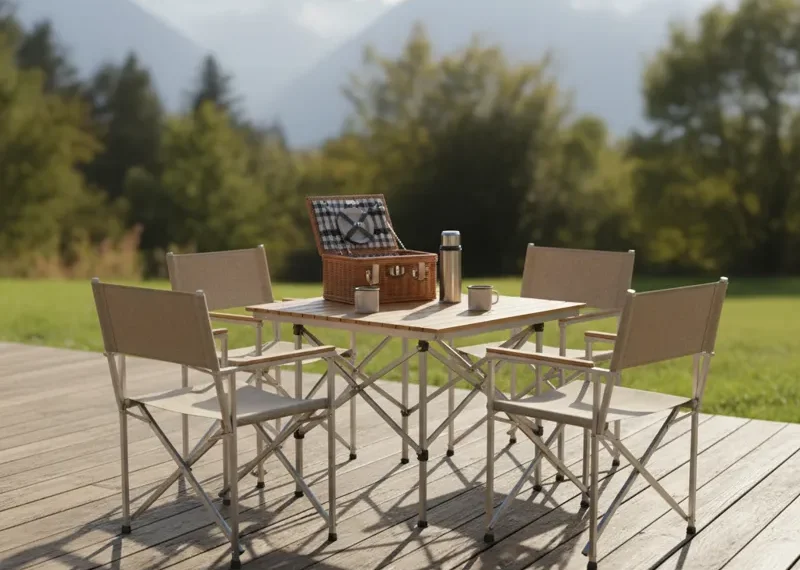 Portable folding table with four matching folding chairs, ideal for outdoor picnics, camping, or extra indoor seating.