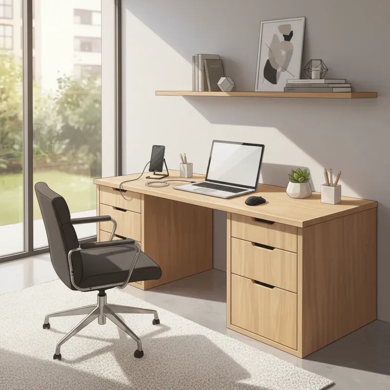 A stylish, modern home office desk with multiple drawers, showcasing a clean, organized workspace with a laptop and a small plant. The room is brightl