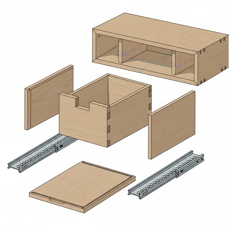 A close-up, exploded view diagram showing the components of a desk drawer assembly: drawer box, drawer slides, and the frame it fits into. Highlight d