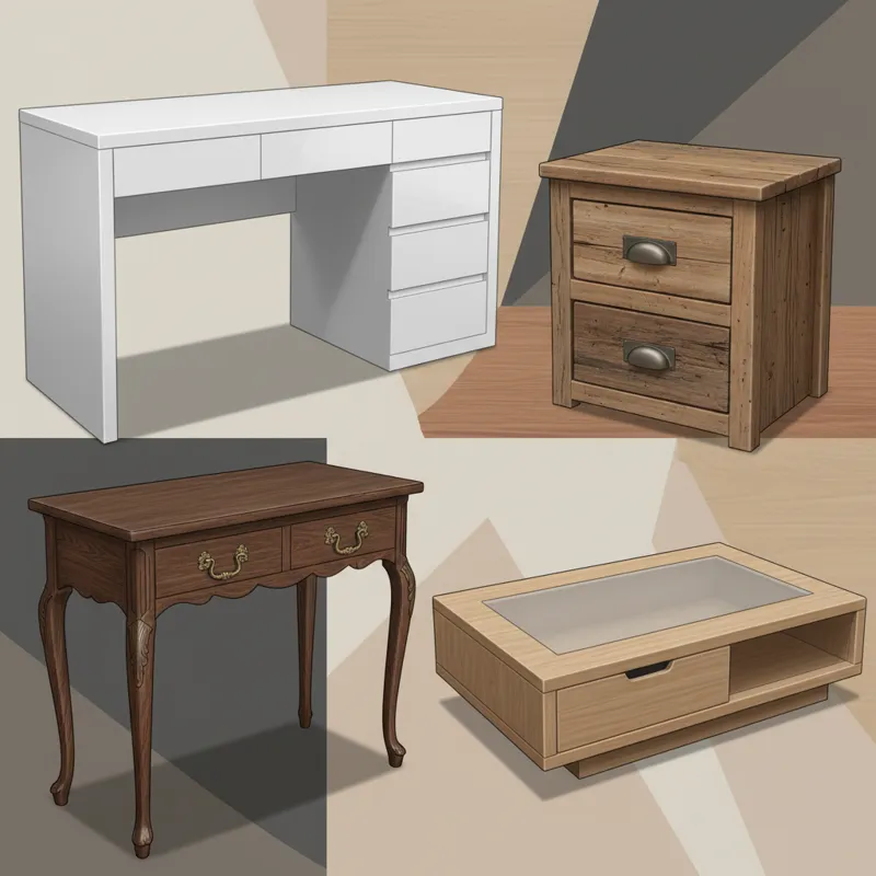 A collage of different types of tables with drawers: a sleek modern desk, an antique-style console table, a rustic nightstand, and a contemporary coff