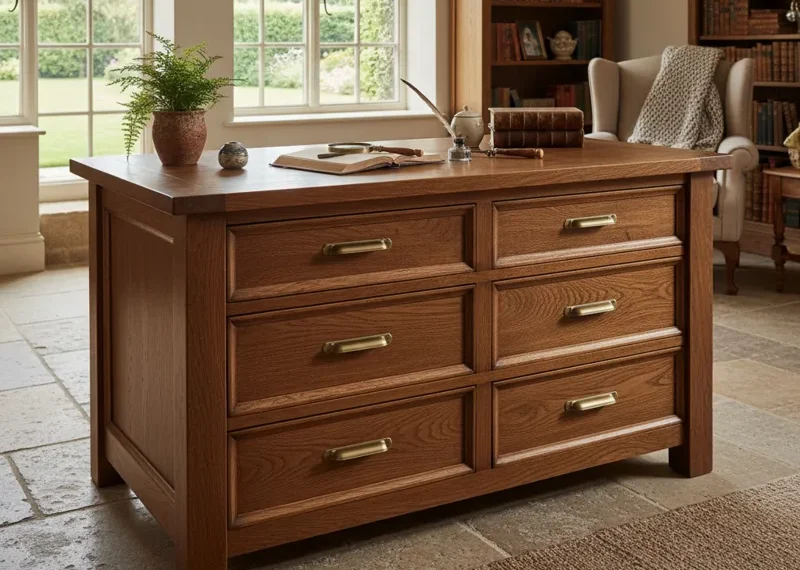 A functional table featuring multiple built-in storage drawers, ideal for organizing items in a home or office setting.