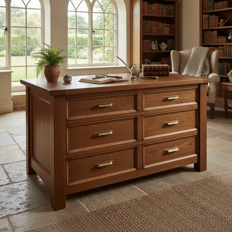 A functional table featuring multiple built-in storage drawers, ideal for organizing items in a home or office setting.