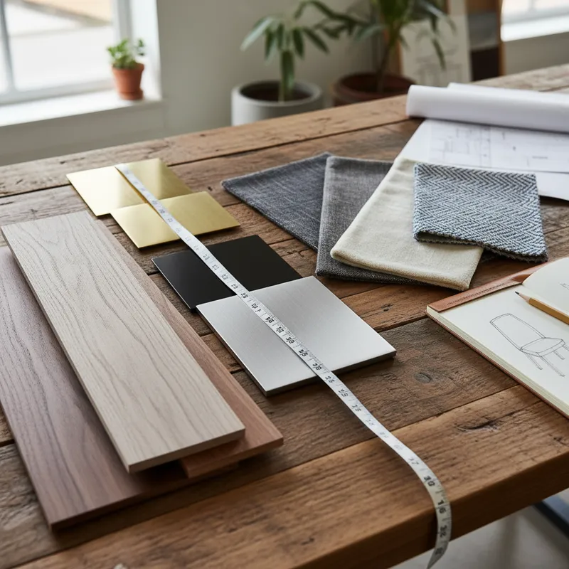 A detailed close-up shot of various material samples for a dining set, including different wood grains, metal finishes, and fabric swatches, arranged