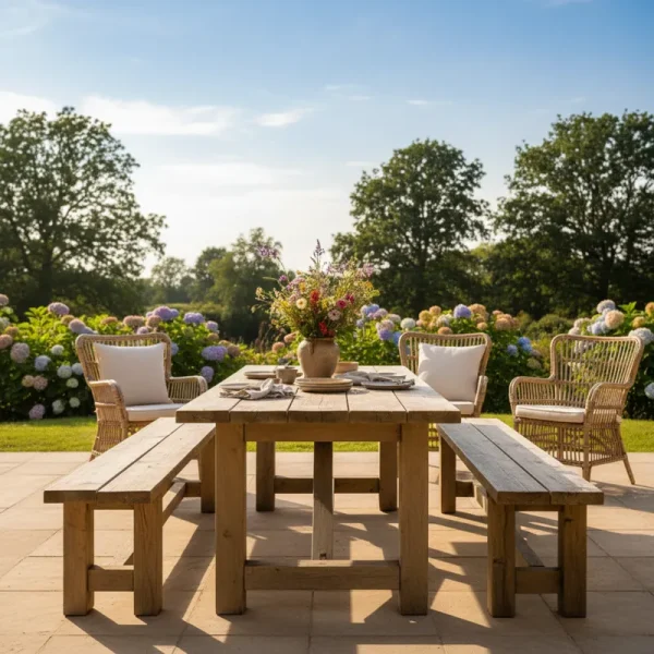 Wooden dining table with two long benches and two individual chairs, set for a meal.