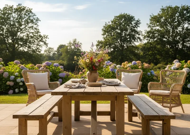 Wooden dining table with two long benches and two individual chairs, set for a meal.
