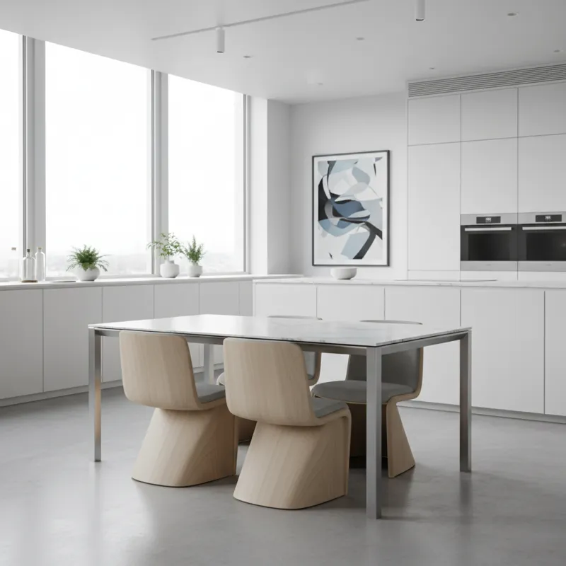 A sleek, modern dining table with four chairs neatly tucked completely underneath, showcasing a minimalist and space-saving design in a bright, contem