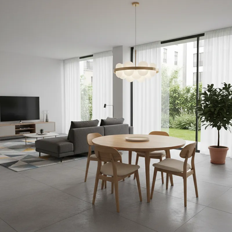 A modern living room with a round dining table and four chairs perfectly nested underneath, leaving ample open space around it, illustrating excellent