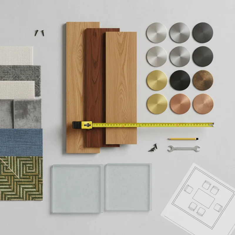 A detailed flat lay of various material samples for dining tables and chairs, including wood swatches, metal finishes, glass samples, and fabric uphol