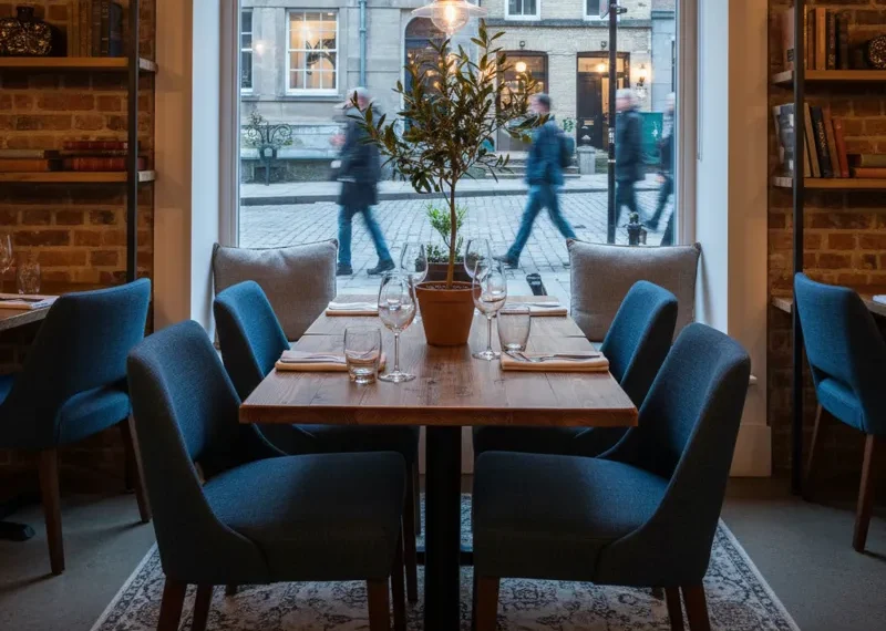 Modern wooden dining table with four comfortable chairs in a bright, indoor setting.