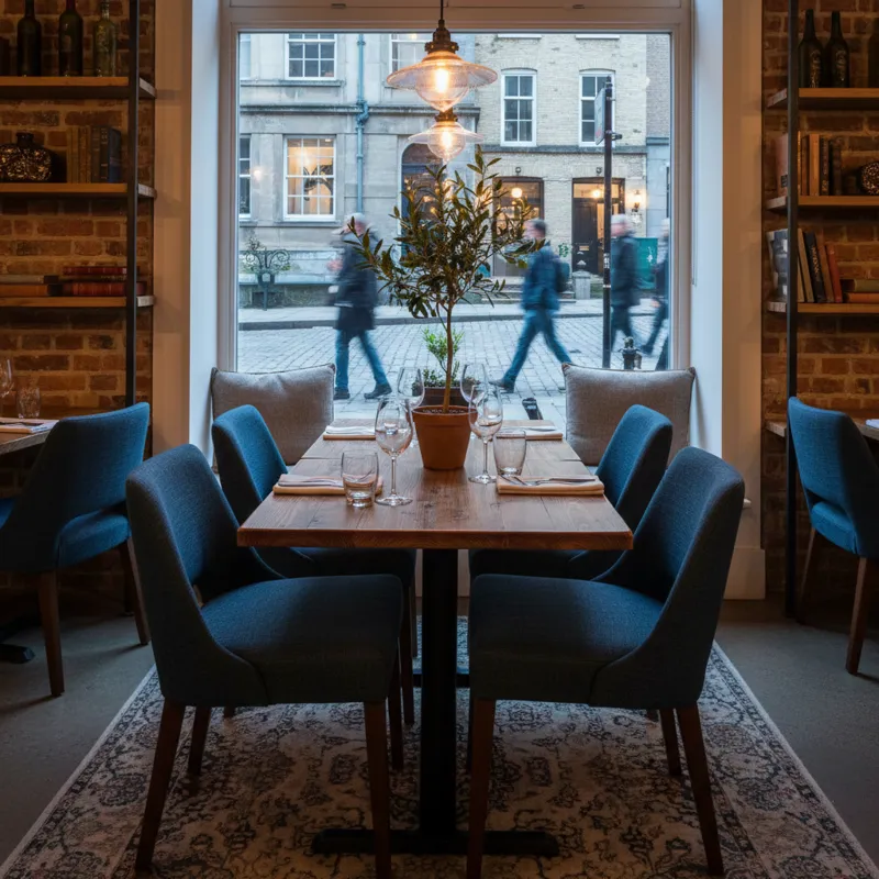 Modern wooden dining table with four comfortable chairs in a bright, indoor setting.