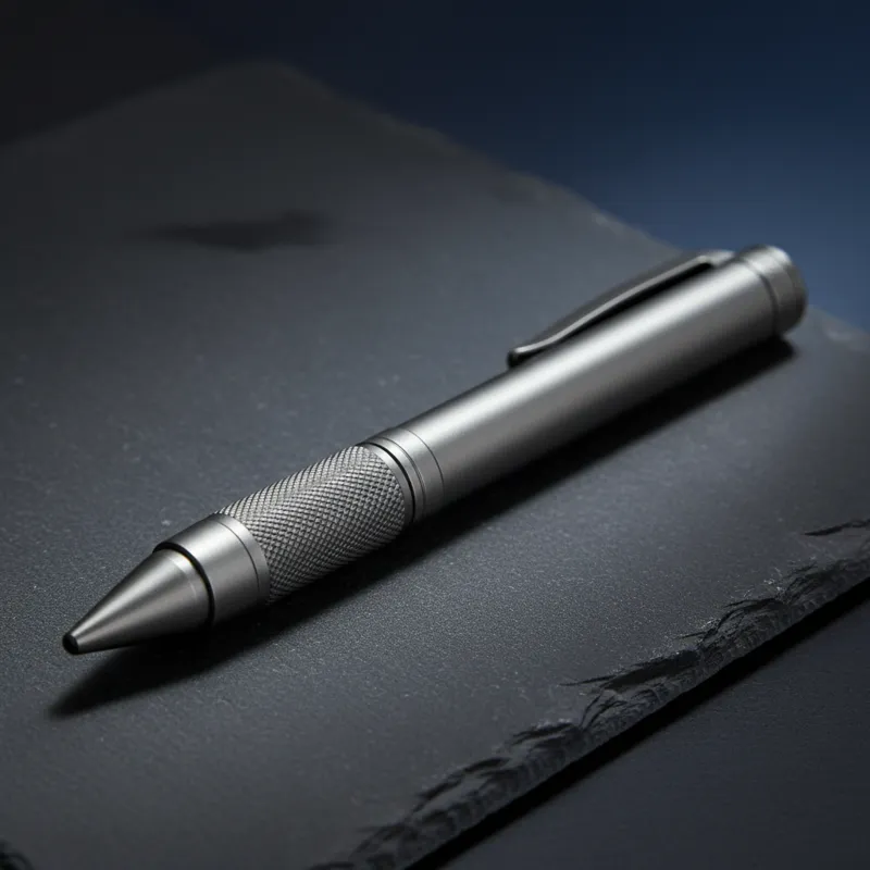 A close-up, high-quality studio shot of a sleek, dark grey tactical pen resting on a dark, textured surface. The pen features subtle knurling on the g