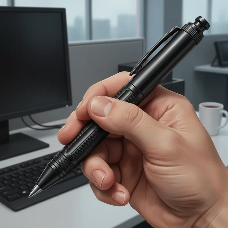 A detailed close-up shot of a person's hand holding a tactical pen, demonstrating its ergonomic grip and the texture of its material. The background i