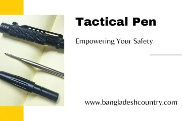 Black tactical self-defense pen, shown disassembled with textured grip and pointed tip, alongside text 'Tactical Pen - Empowering Your Safety' and 'www.bangladeshcountry.com'.