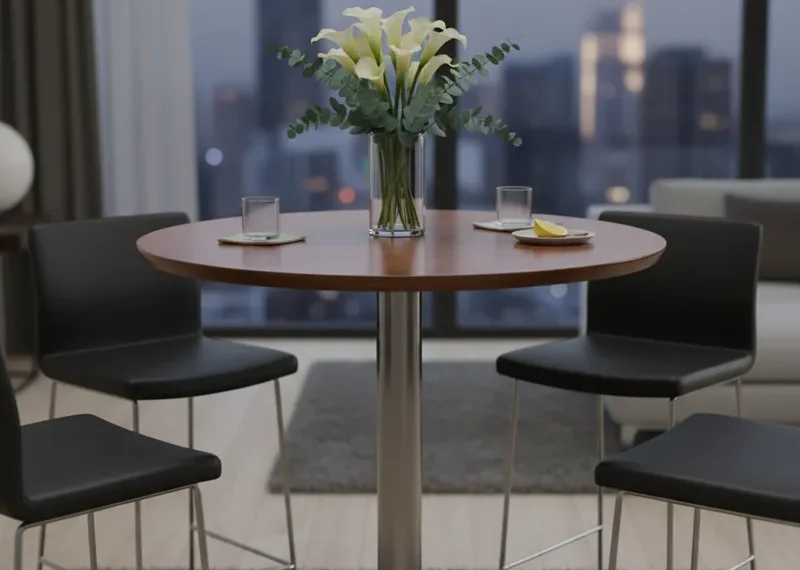 Modern tall circle table with a white top and a sleek black pedestal base, perfect for a breakfast nook, bar area, or small dining space.