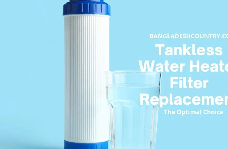 A white water filter with blue caps stands next to a clear glass of water, illustrating 'Tankless Water Heater Filter Replacement' against a light blue background.