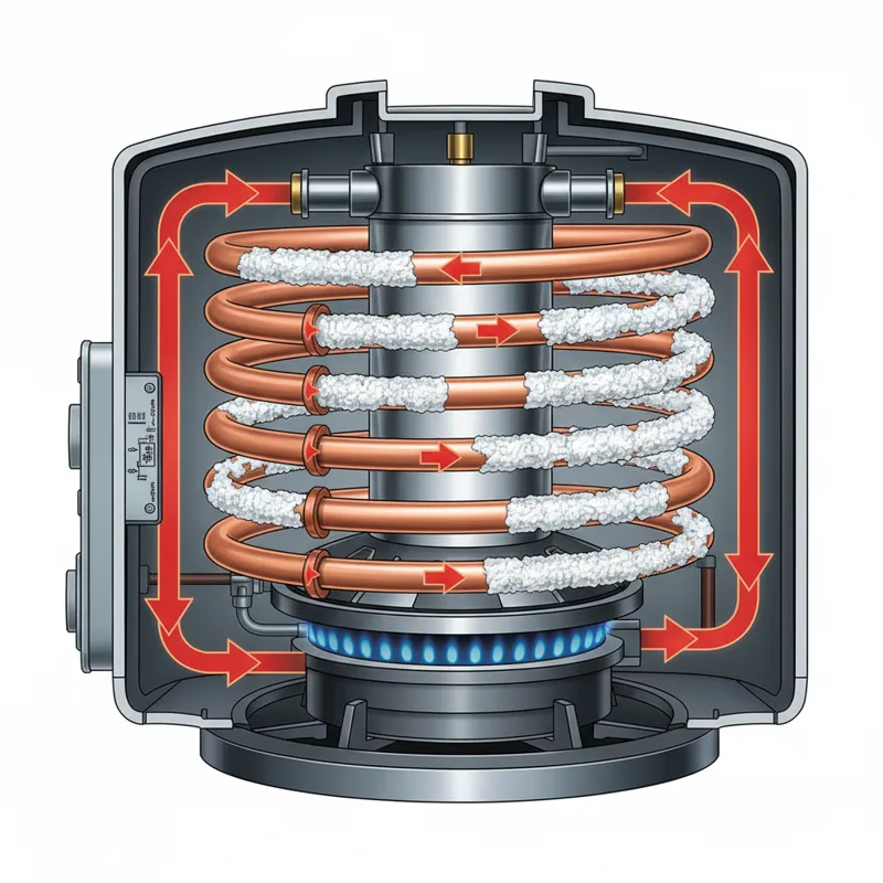 A detailed cutaway diagram of a tankless water heater, with red arrows showing water flow and clear visual representation of white scale deposits accu