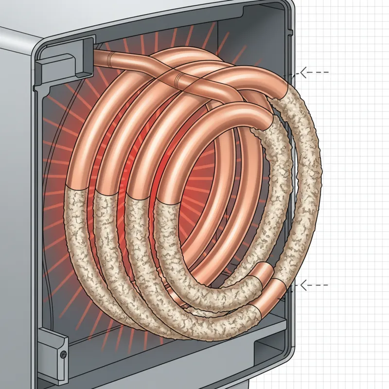 An illustration showing mineral scale building up on the inside of a tankless water heater's heat exchanger coils, depicting the reduction in pipe dia