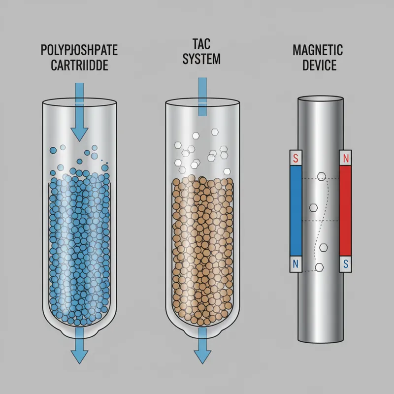 A close-up schematic showing various types of tankless water heater scale filters side-by-side (e.g., polyphosphate cartridge, TAC system, magnetic de