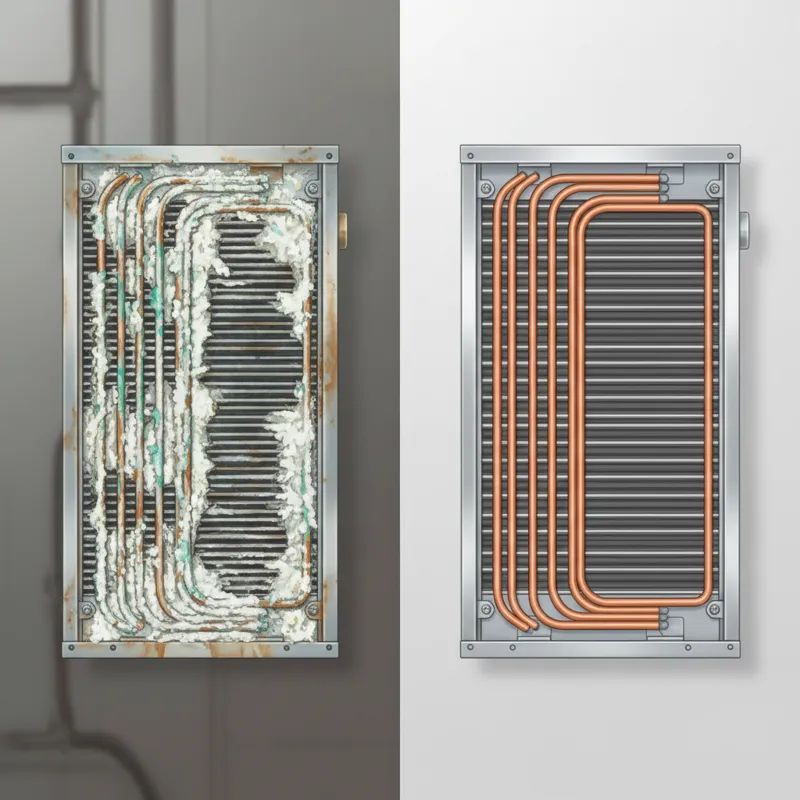 A comparison image showing two tankless water heater heat exchangers: one heavily scaled and corroded, the other clean and new. Text highlights the fi