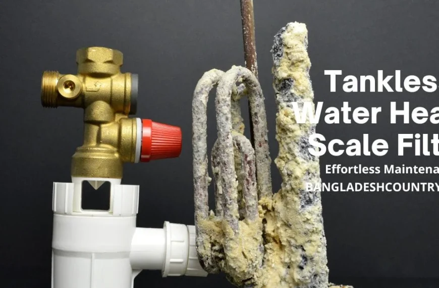 Tankless water heater scale filter with a clean brass valve and white housing, shown next to severely scaled and corroded heating elements, demonstrating the need for hard water protection and effortless maintenance.